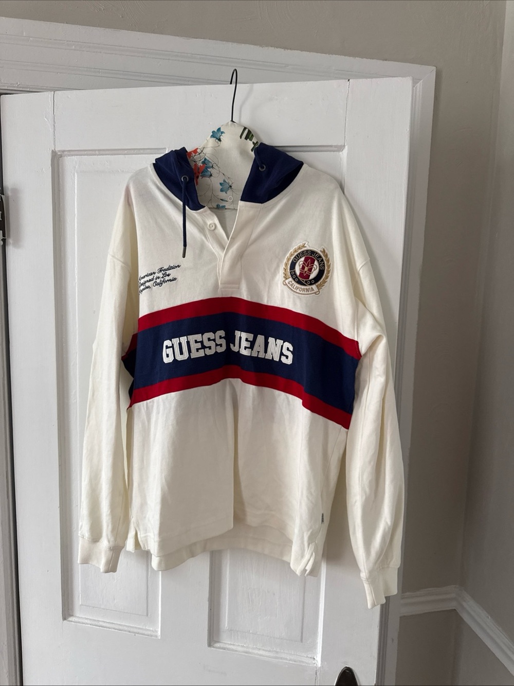 Guess Men’s Cream Crewneck Rugby Sweatshirt with Navy & Red Stripes